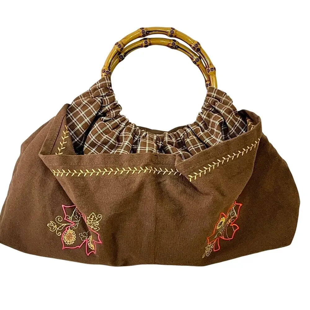 Faux Bamboo Handle Handbag Autumn Leaf Pumpkin Embroidery Brown Fabric Retro